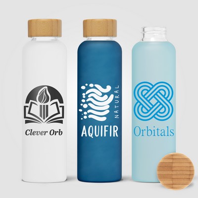 Lucerne - 20 oz. Frosted Borosilicate Glass Bottle with Bamboo Lid - Silkscreen